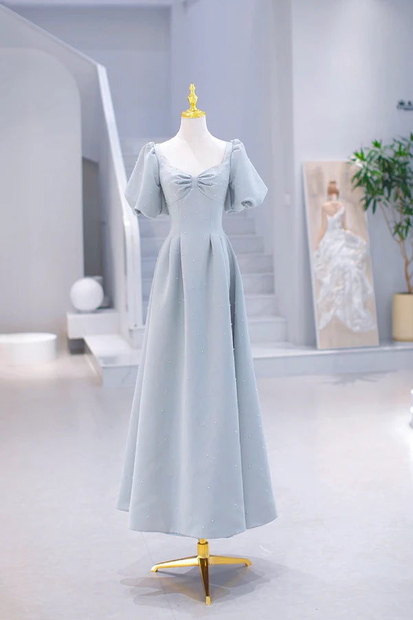 Wholesale Light Blue Satin Long Prom Dress with Pearls A-Line Short Sleeve Party Dress